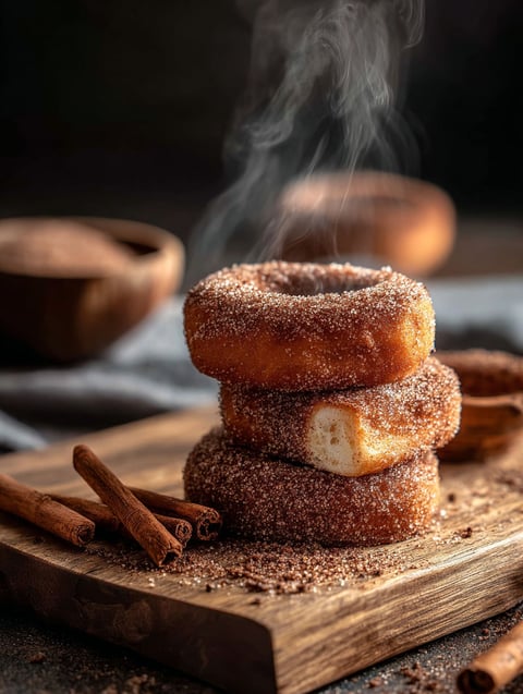 Una torre de donas de canela con un bocado encima.