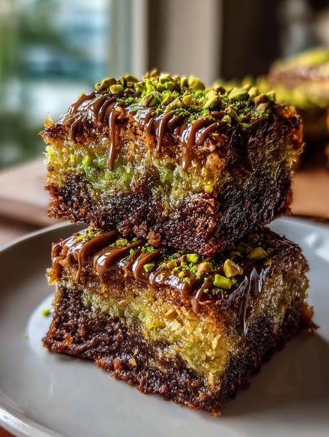 Una rebanada de brownies de kunafa con pistacho.
