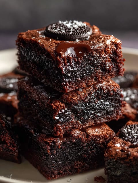 Una pila de brownies con Oreo.