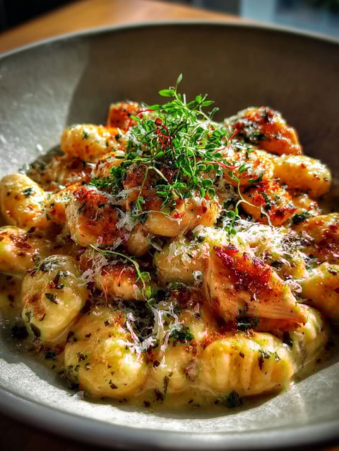 Un plato de gnocchi con pollo y queso asiago.