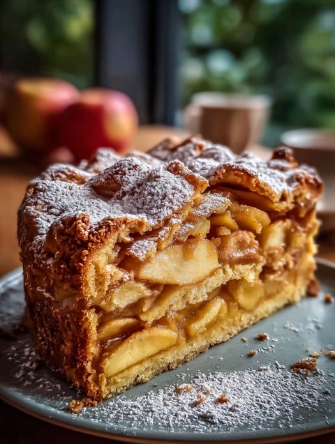 Rebanada de tarta de manzana con azúcar en polvo encima.
