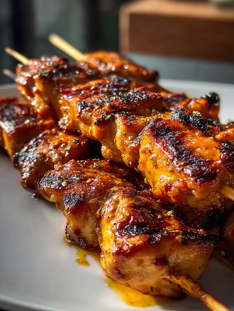 Brochetas de pollo con miel y chipotle en un plato blanco.