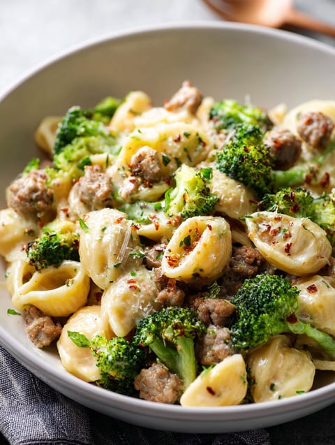 Un tazón con pasta, salchicha y brócoli.