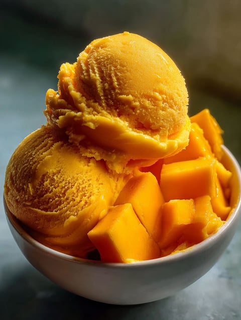 Un tazón con sorbet de mango.