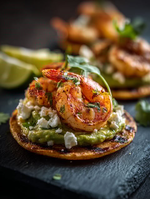 Tostadas con camarones a la parrilla y aguacate cremoso.