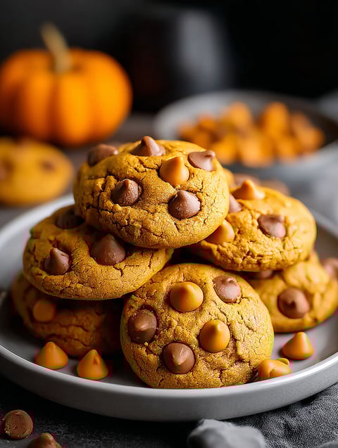 Un plato con galletas de calabaza y trocitos dulces.