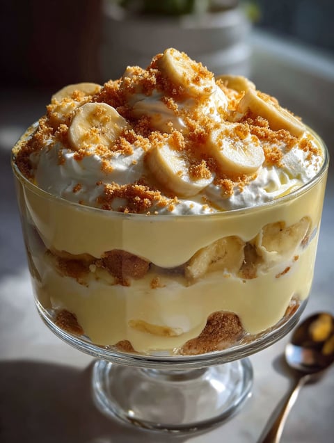 Un recipiente de vidrio con pudin de banana.