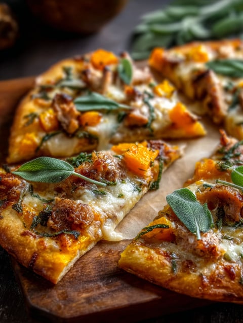 Pizza con calabaza, pavo y salvia sobre tabla de madera