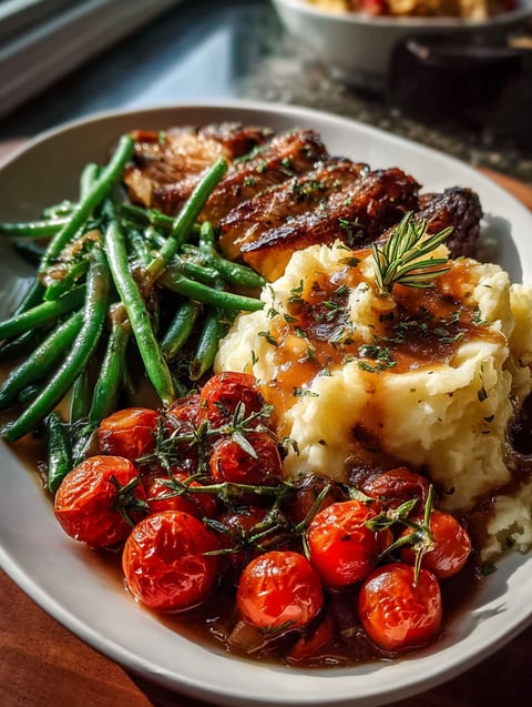 Un plato con judías y tomates asados.