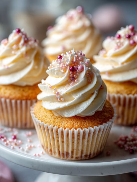 Tres cupcakes con crema blanca y chispas rosas.