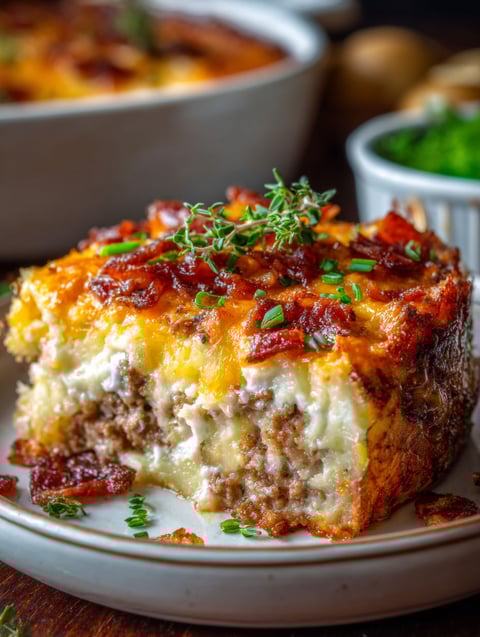 Pastel de carne con patatas servido en un plato