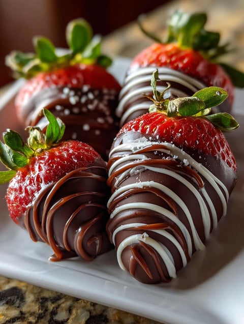 Fresas cubiertas de chocolate en un plato.