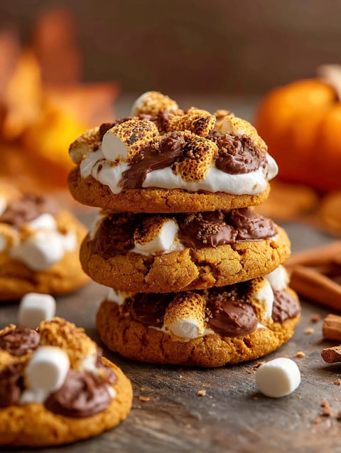 Galletas de calabaza s'mores apiladas sobre la mesa.