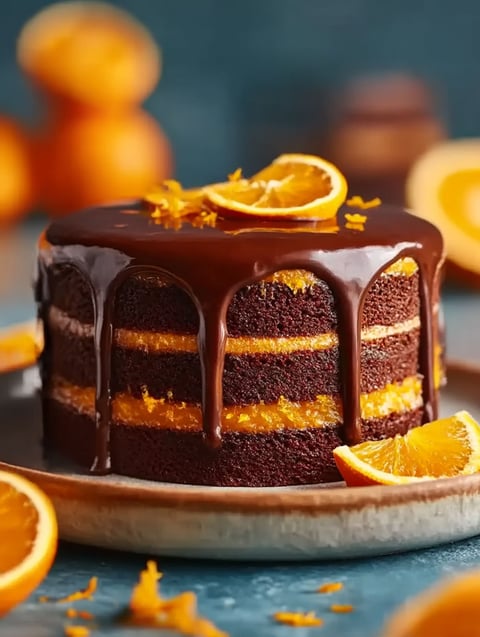 Pastel de chocolate y naranja con ganache