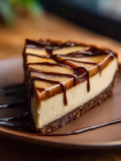 Una porción de cheesecake con manteca de manzana y un poco de chocolate encima.