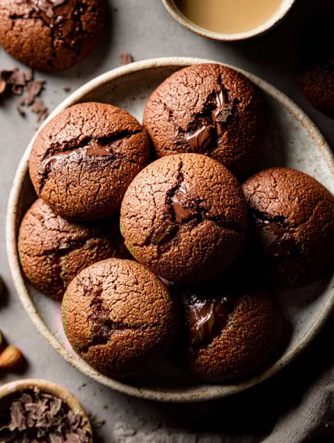 Un plato con galletas de chocolate cubiertas con chocolate derretido.