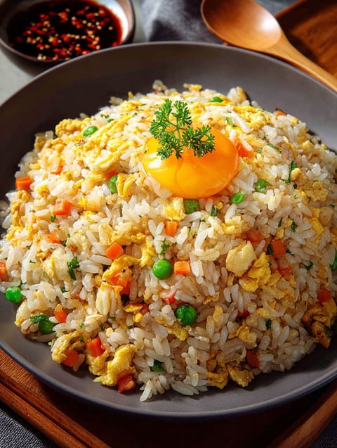 Un bowl de arroz frito chino con huevo.