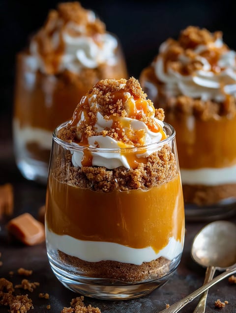 Un vaso con postre de calabaza y caramelo.