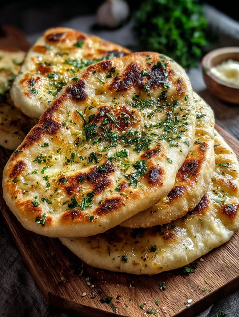 Montón de flatbreads con ajo y mantequilla.
