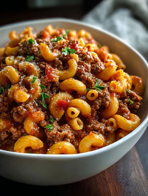 Un bowl de beefaroni con queso y salsa de tomate.