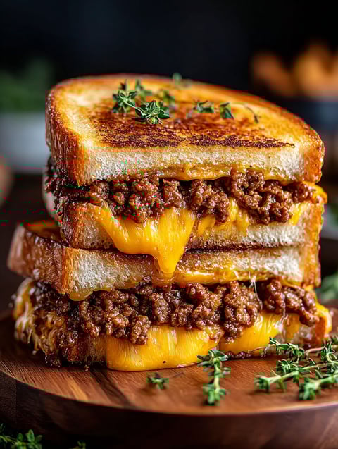 Un sándwich de queso con carne molida.