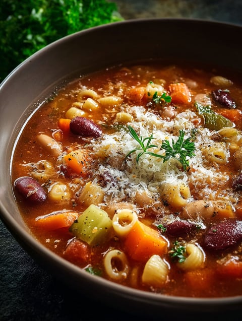 Un tazón con pasta fagioli italiana.