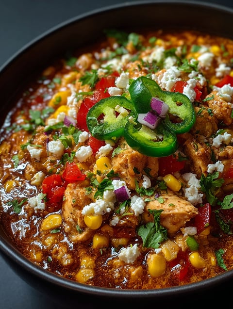 Un tazón de chili con pollo y maíz.