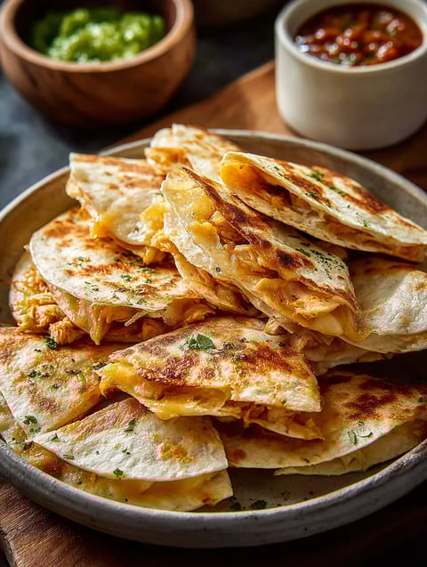 Un plato con mini quesadillas de pollo.