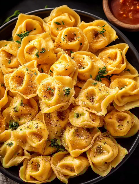 Un recipiente con tortellini de queso para fiestas.