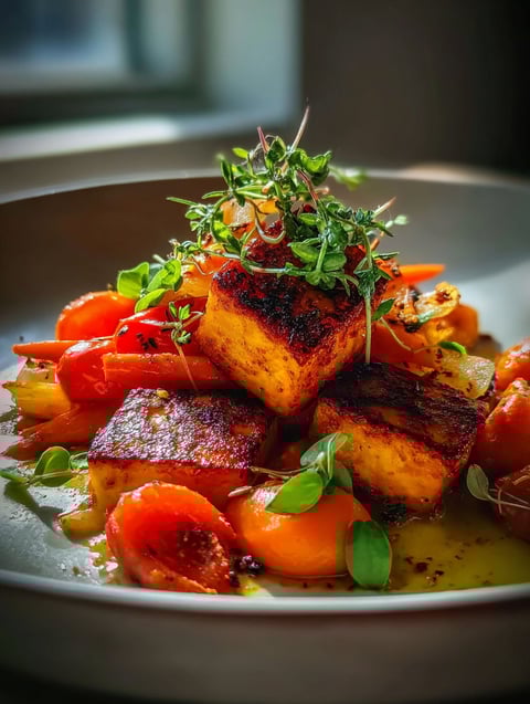 Un plato con comida y hierbas frescas encima.