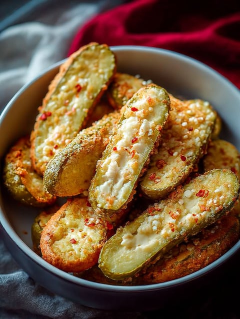 Un tazón con pickles hechos en la freidora de aire.