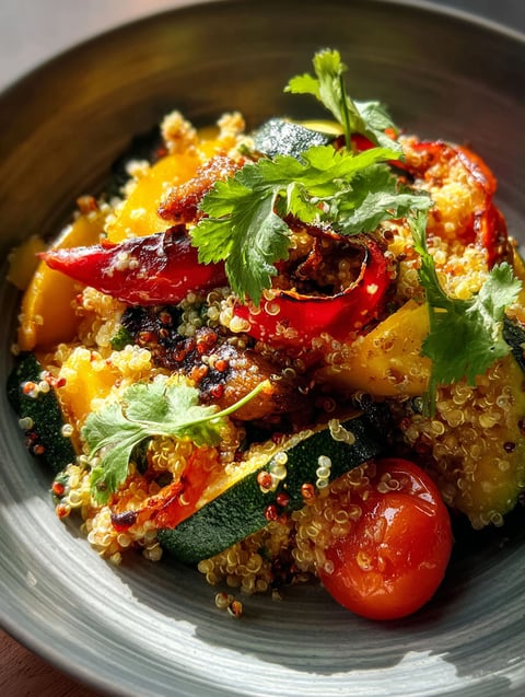 Un plato con comida, tomate y pimiento verde.