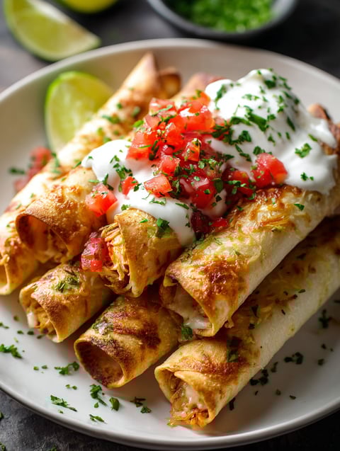 Taquitos de pollo con crema y jitomates.