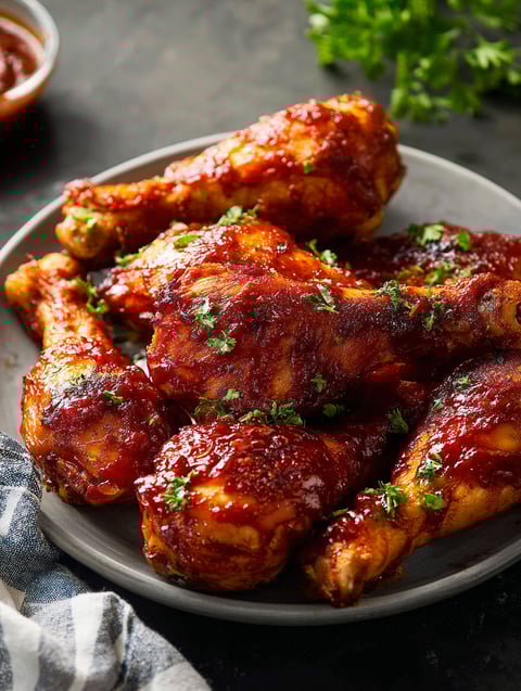 Un plato con alitas de pollo y salsa de derretido suizo con champiñones.