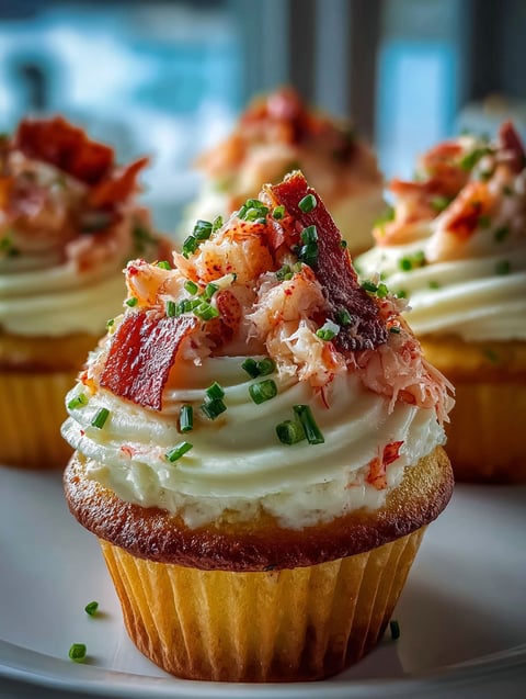 Cupcake con tocino y carne de cangrejo encima.