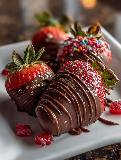 Un plato con fresas cubiertas de chocolate delicioso.