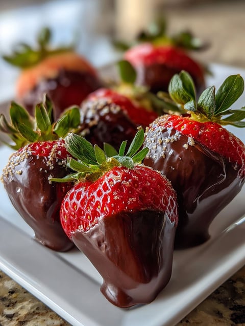Un plato con fresas cubiertas de chocolate.