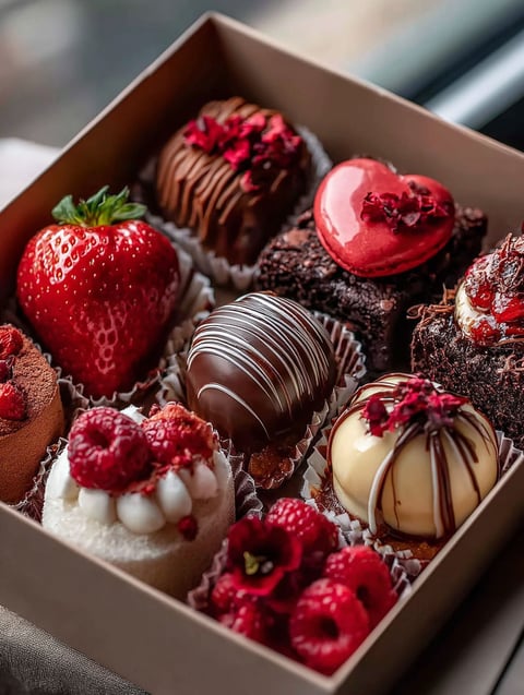 Caja con chocolates y fresas deliciosas.
