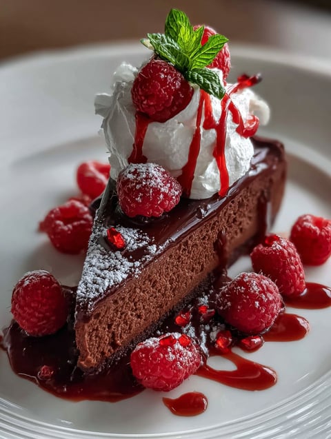 Un pastel de chocolate delicioso con frambuesas encima