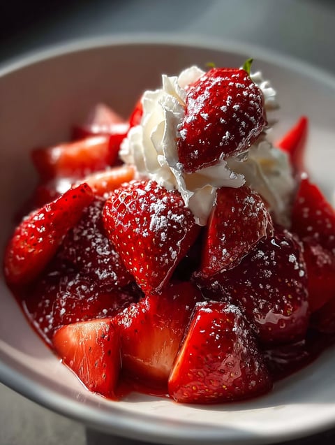 Un postre rico de fresas con crema batida.