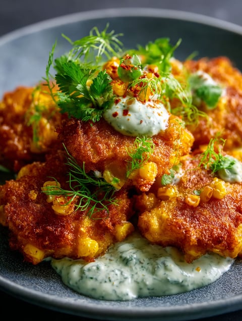 Comida rica de pollo con salsa blanca y maíz como adorno